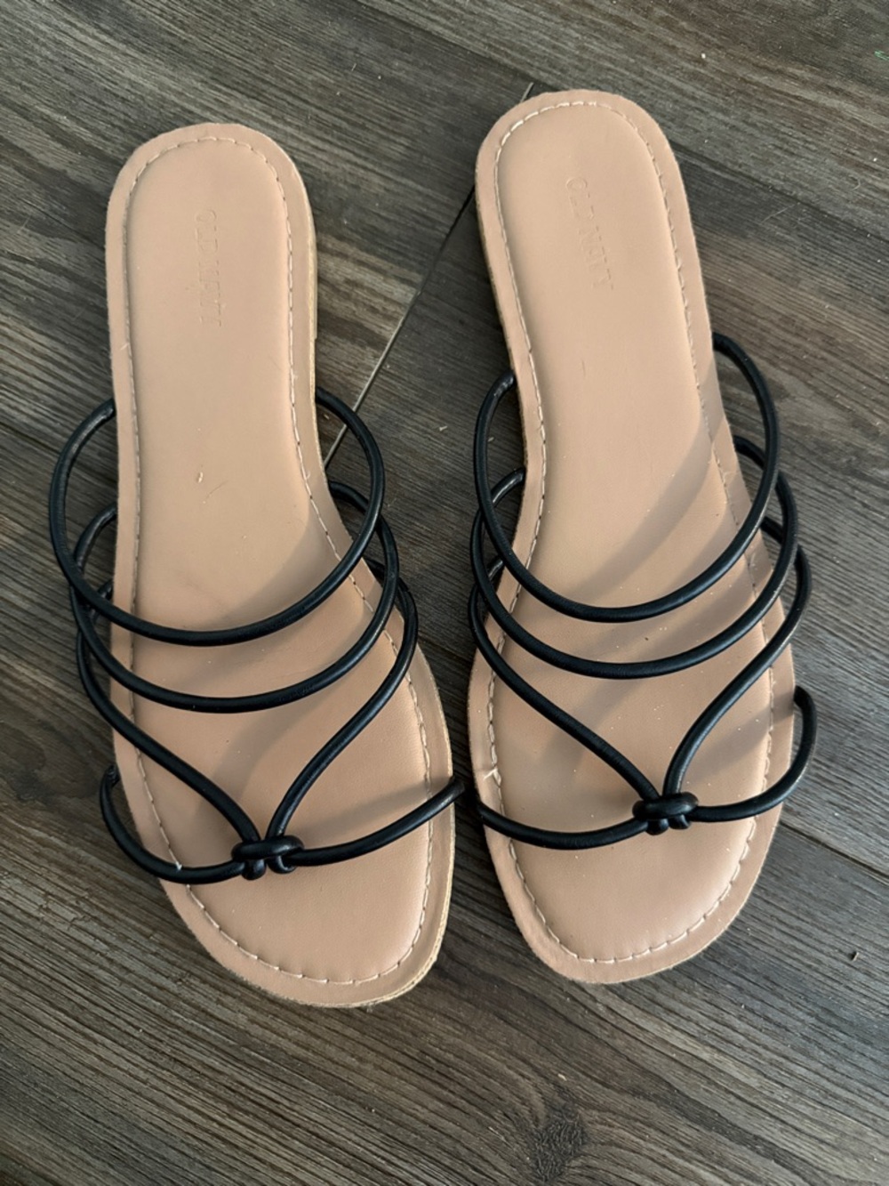 Old Navy Black Strappy Slide Sandals with Nude Footbed